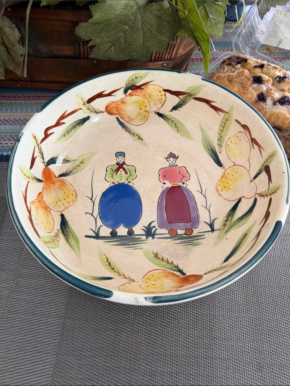 Large Quimper Faience 10” Bowl-Hand painted Old French Dutch Folk Art - France